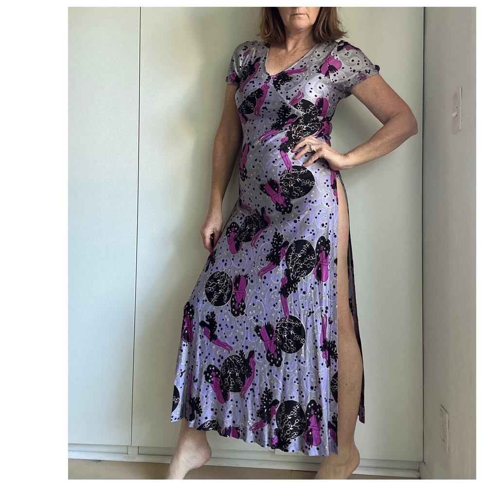 Vintage 70s Maxi Dress Sea Siren Print Purple Black Sexy Fit Side Slits Maxi - Picture 7 of 10